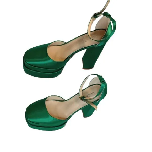 vivianly Women's Platform Chunky High Heels Emerald Green Satin Size 10 - Picture 1 of 5